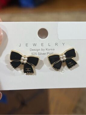 Black Bow Pearl Accent Earrings - 925 Silver Post